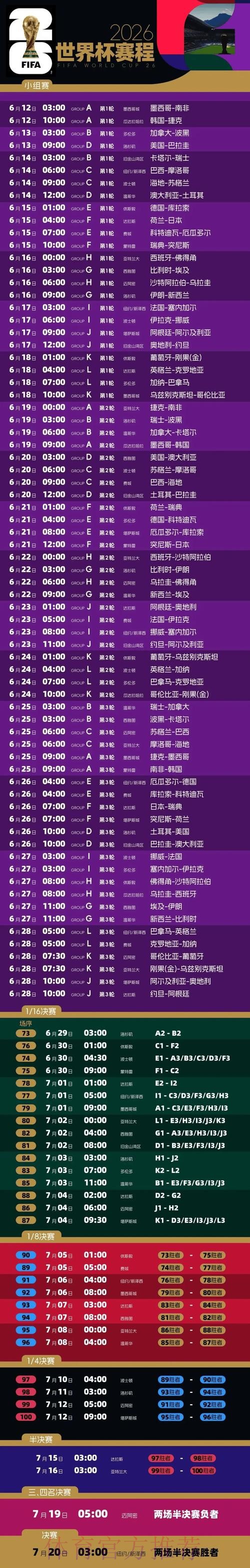 2026世界杯赛程详细安排高清直播免费观看